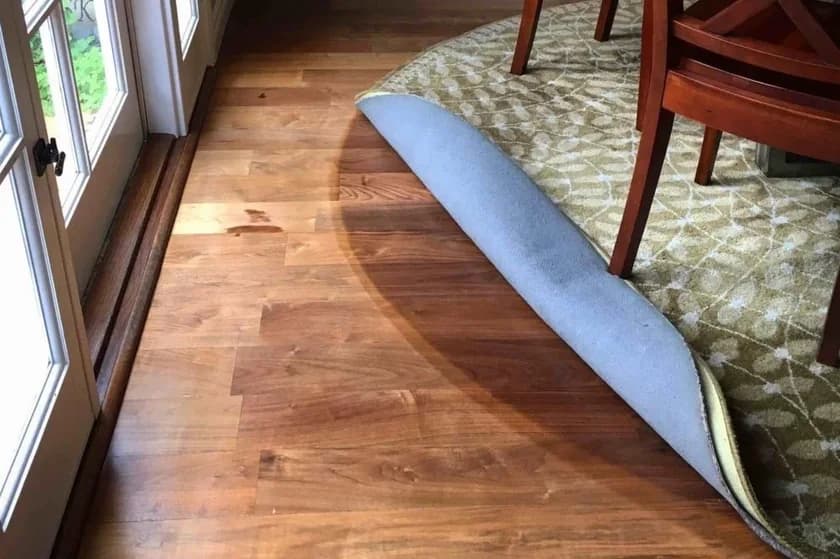 Hardwood floor beside a patio door, sun-bleached in an arc that stops where a folded-back area rug shielded the wood