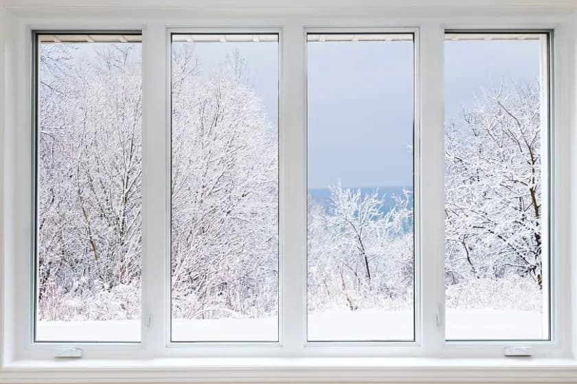Looking out through four white-framed windows onto a snow-covered yard and frosted trees on a cold winter day
